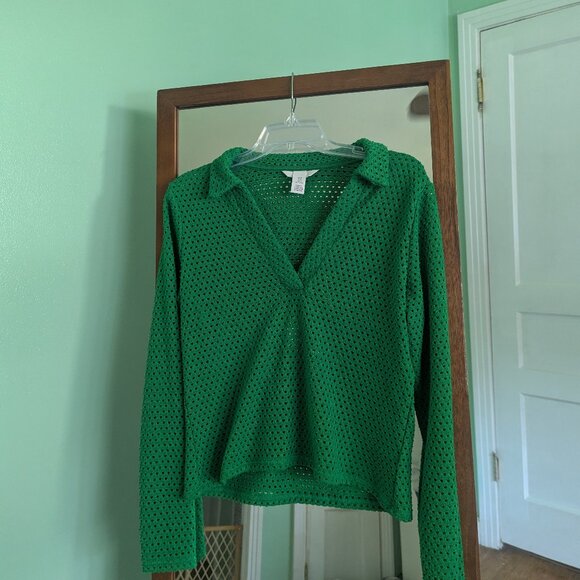 H&M Green Mesh Collared Long Sleeve Cropped Shirt - Picture 2 of 4
